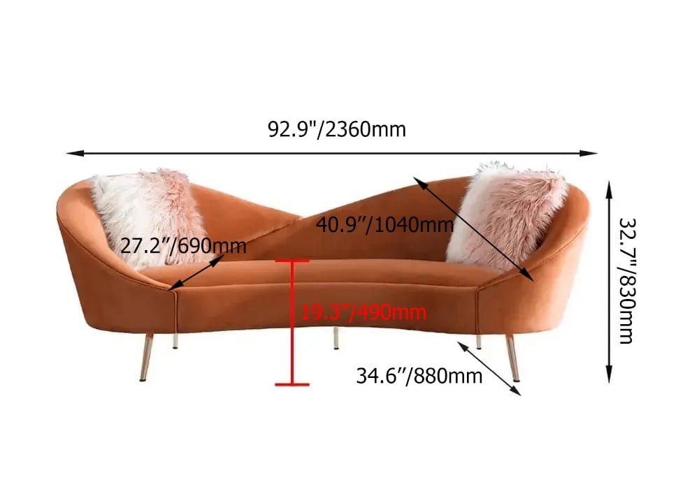 93" Velvet Upholstered Curved Sofa with Gold Legs