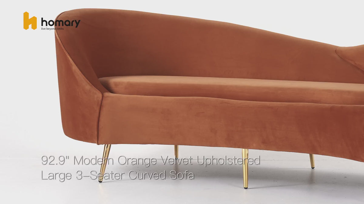 Load video: 93" Velvet Upholstered Curved Sofa with Gold Legs